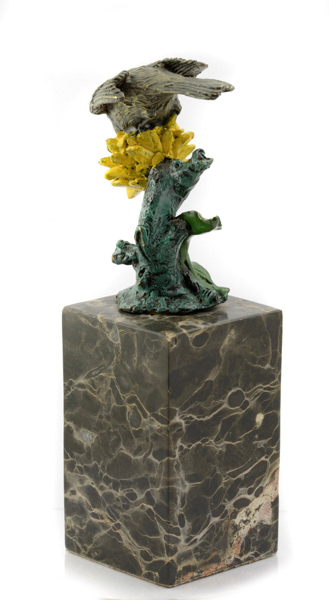 Vintage Cast Bronze Bird On Flower Figure Sculpture Signed Milo Marble Base (3253)
