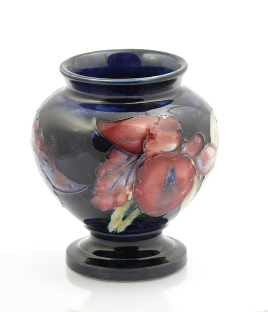 Vintage Moorcroft Pottery Orchid Pattern Vase Tubelined Cobalt Blue Glaze (3256)