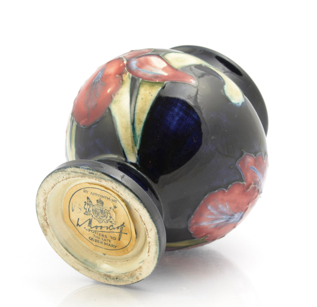 Vintage Moorcroft Pottery Orchid Pattern Vase Tubelined Cobalt Blue Glaze (3256)
