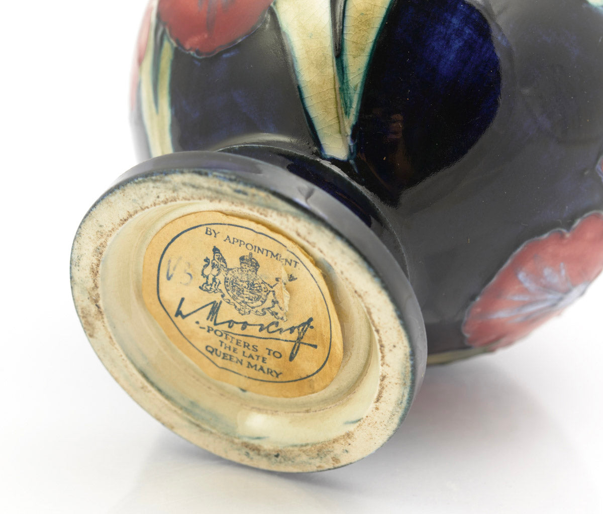 Vintage Moorcroft Pottery Orchid Pattern Vase Tubelined Cobalt Blue Glaze (3256)