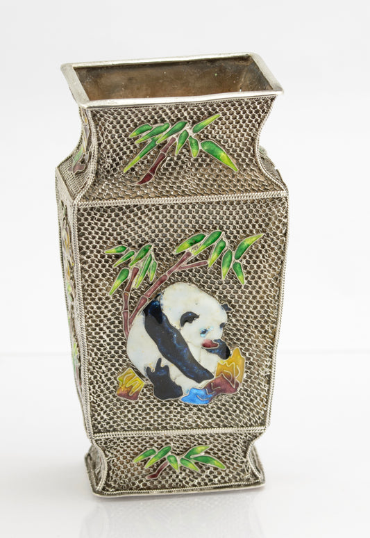 Vintage Chinese Silver Mesh Filigree & Enamel Vase With Panda & Bird (3259)