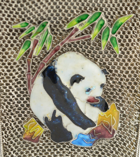 Vintage Chinese Silver Mesh Filigree & Enamel Vase With Panda & Bird (3259)