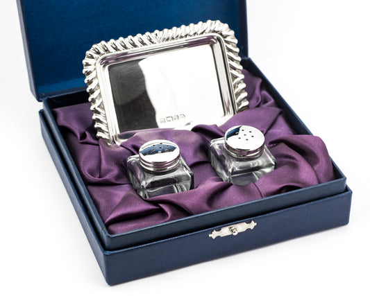 Vintage Carr's Of Sheffield Sterling Silver Small Condiment Set With Tray Boxed (3269)