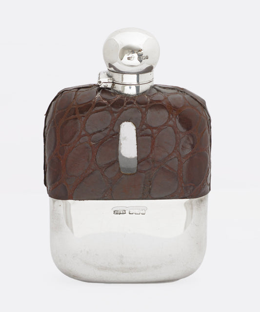 Antique James Dixon & Sons Sterling Silver & Crocodile Skin Leather Hip Flask (3293)