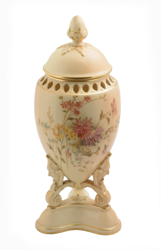 Antique Royal Worcester China Blush Ivory Glaze Pot Pourri Lidded Vase c.1908 (3310)