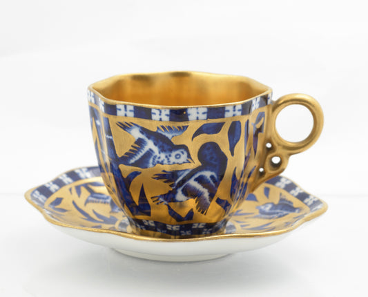 Antique Coalport Japanese Grove Fluted Demi-Tasse Cup & Saucer Blue/Gilt (3320)