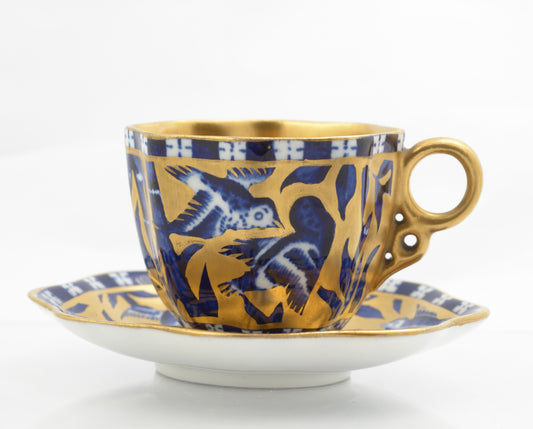 Antique Coalport Japanese Grove Fluted Demi-Tasse Cup & Saucer Blue/Gilt (3320)