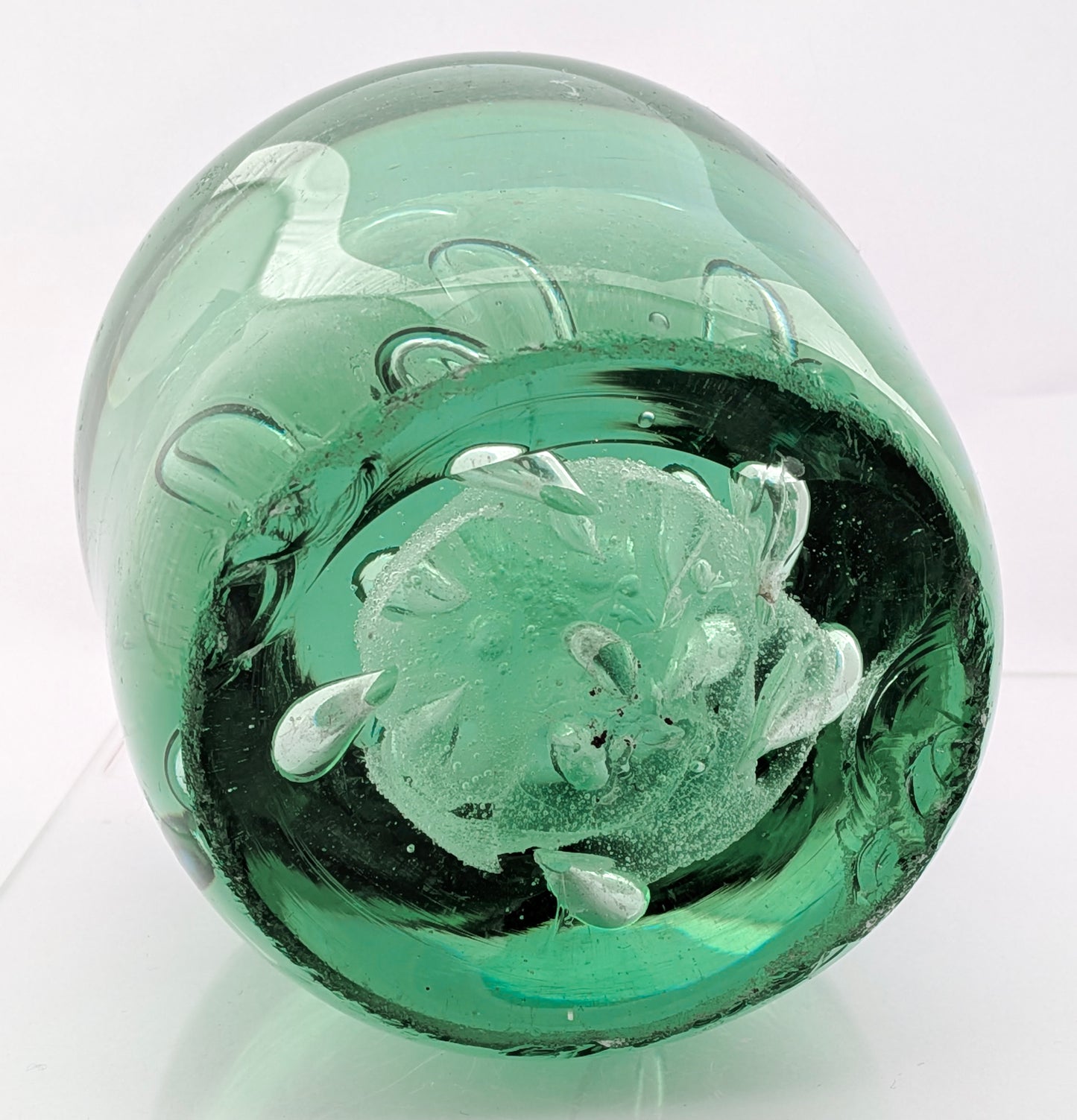 Antique Victorian Green Glass Dump Paperweight Foil Column & Air Bubbles (3337)