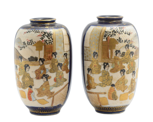 Pair Antique Japanese Satsuma Ware Pottery Mini Vases By Hododa (3359)