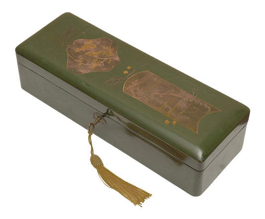 Antique Japanese Green Lacquer Box With Lock Gilt Panels c.1910 (3365)