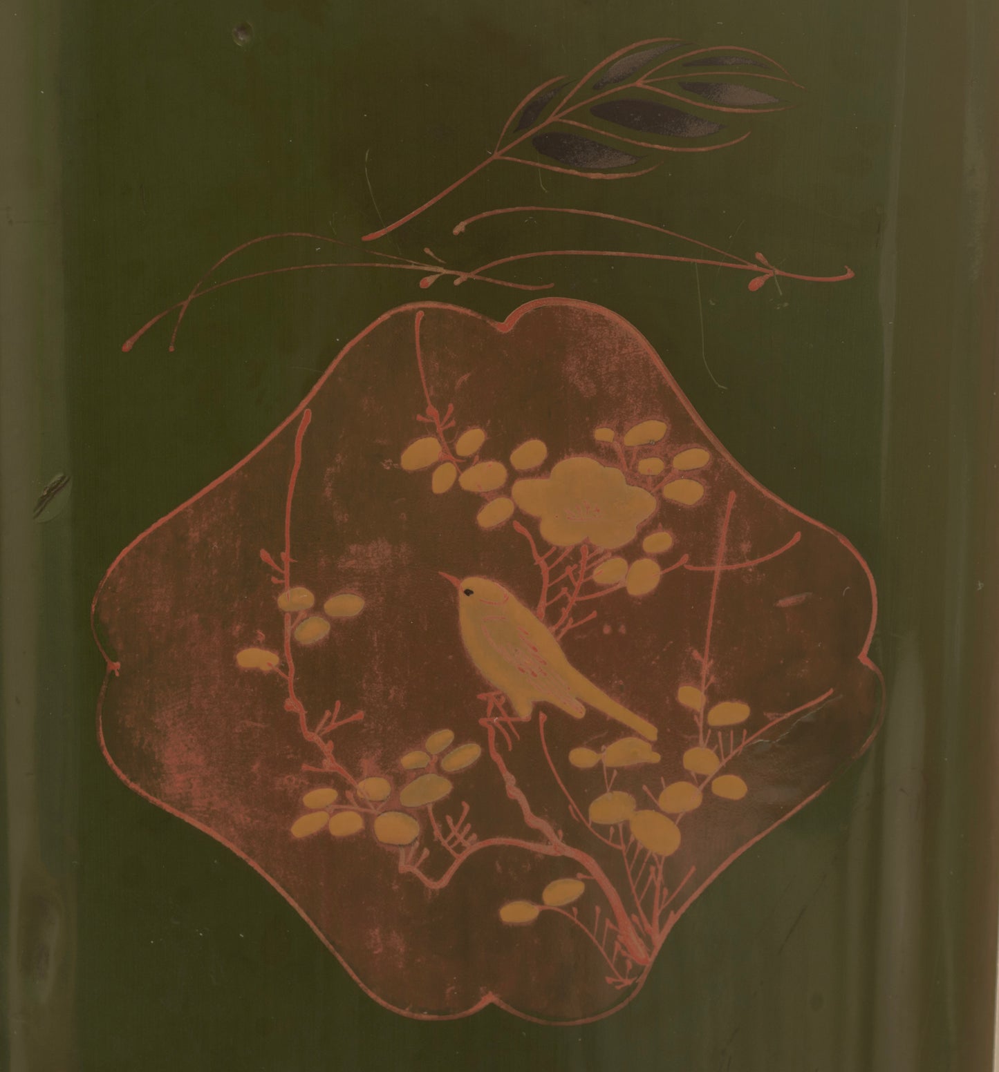 Antique Japanese Green Lacquer Box With Lock Gilt Panels c.1910 (3365)