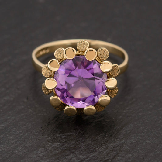 Vintage Modernist Amethyst Gemstone Ring In 9ct Gold 1970's Retro (A1539)