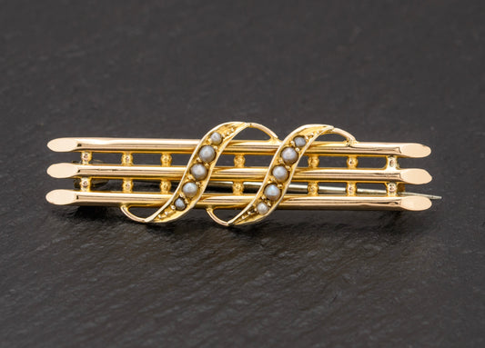 Antique Victorian 9ct Gold & Seed Pearl Bar Brooch / Pin c.1880 (A1541)