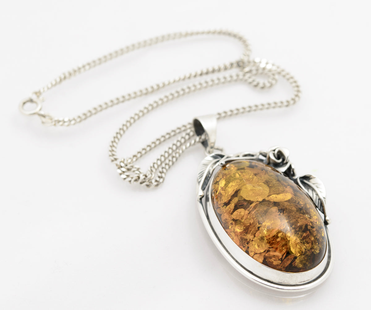 Vintage Sterling Silver & Amber Large Pendant With Chain Necklace (A1553)