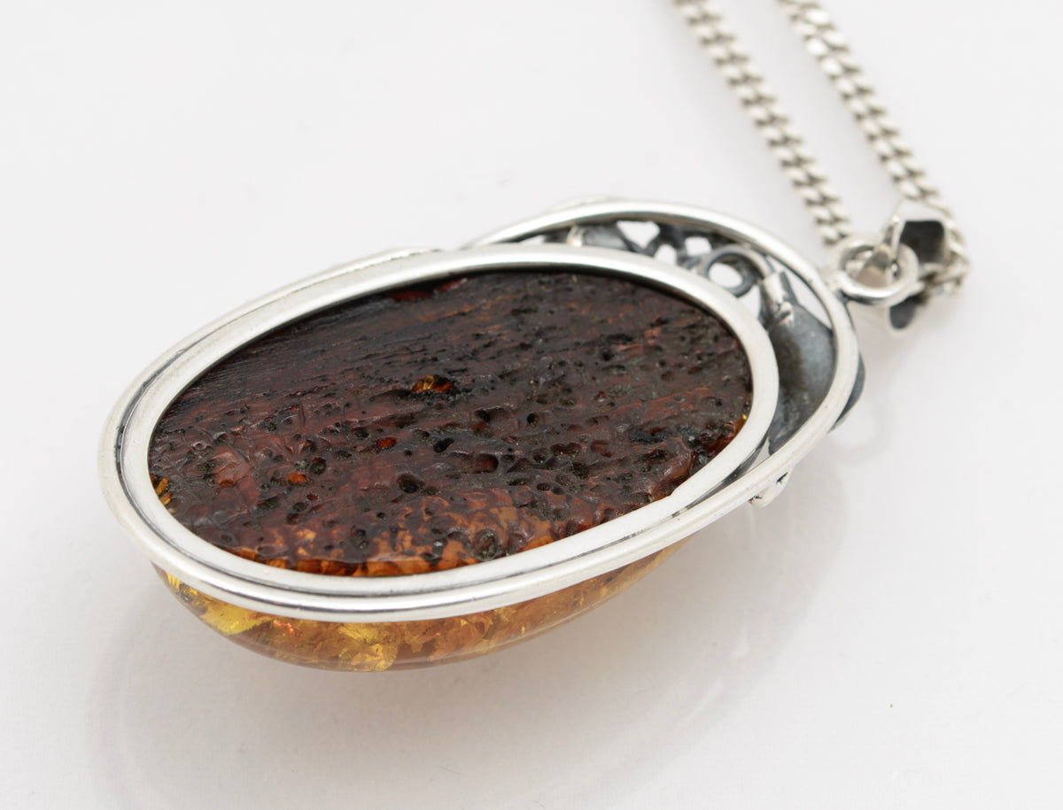 Vintage Sterling Silver & Amber Large Pendant With Chain Necklace (A1553)