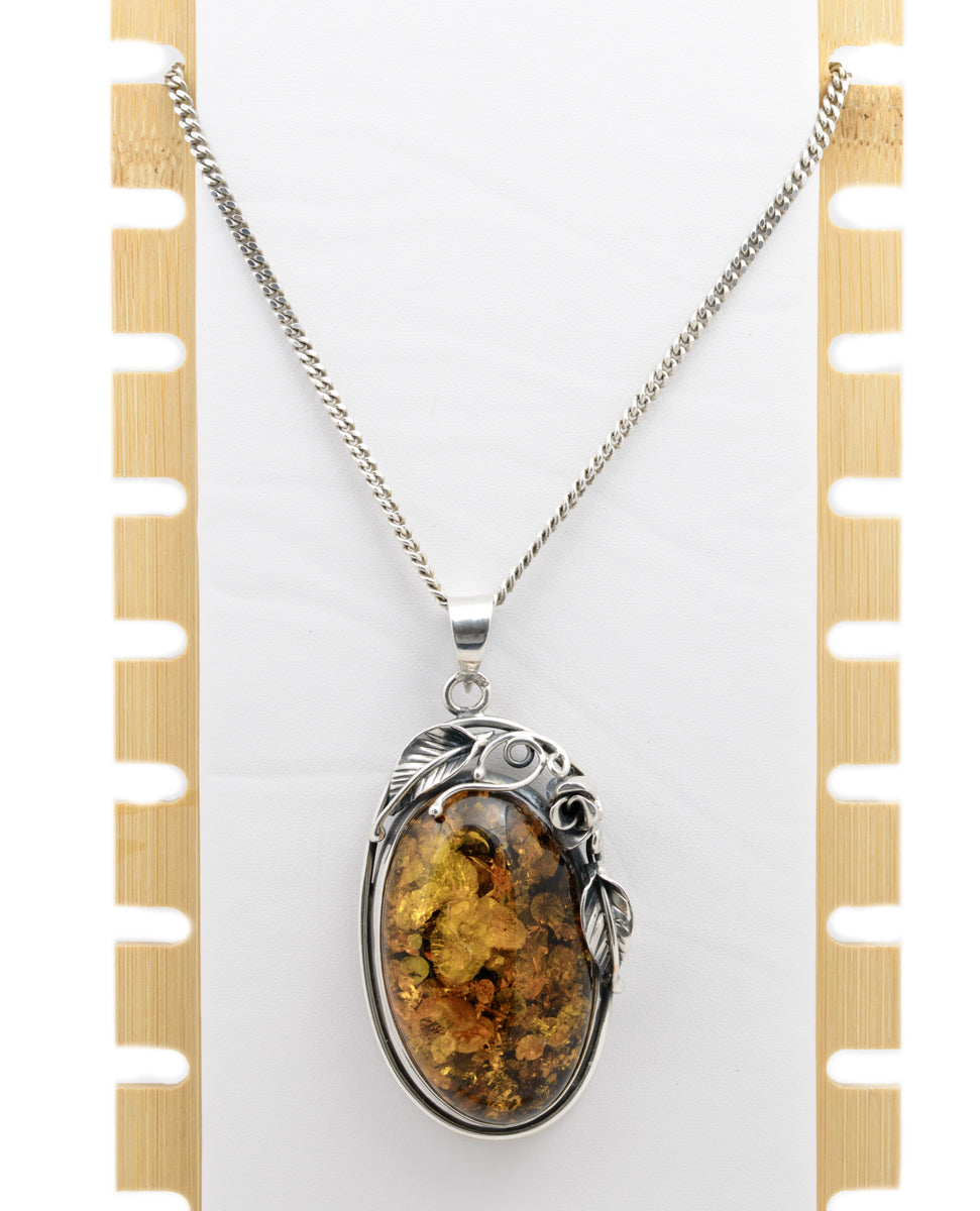 Vintage Sterling Silver & Amber Large Pendant With Chain Necklace (A1553)