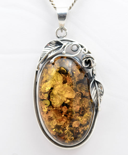 Vintage Sterling Silver & Amber Large Pendant With Chain Necklace (A1553)