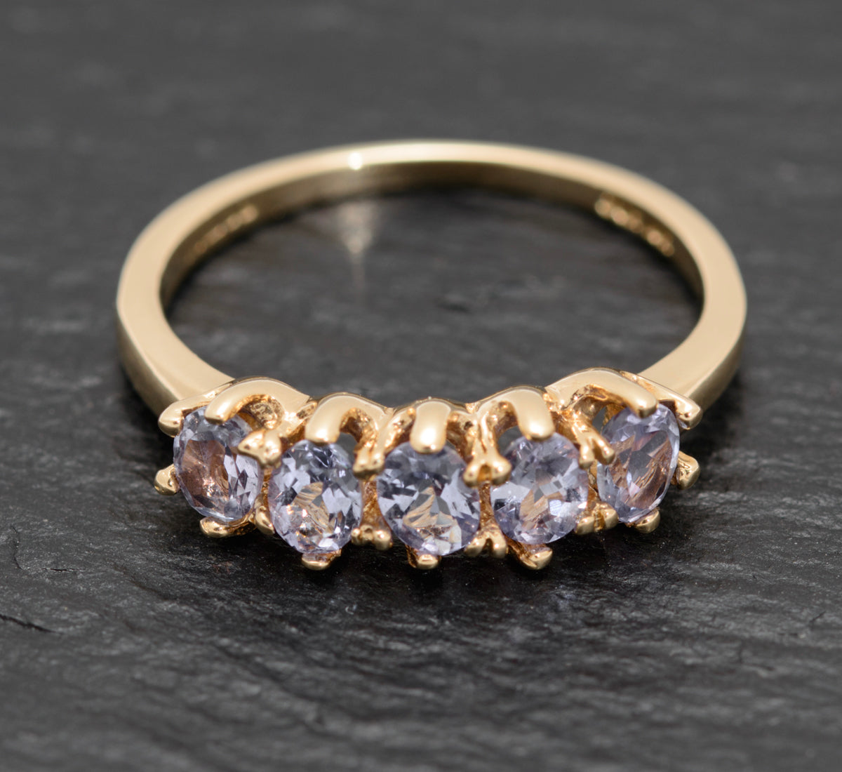 Ladies Yellow Gold Tanzanite Five Gemstone Line Ring In 9ct QVC Hallmark (A1576)