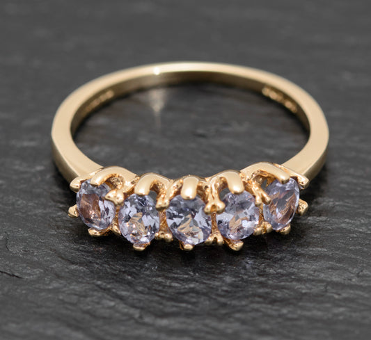 Ladies Yellow Gold Tanzanite Five Gemstone Line Ring In 9ct QVC Hallmark (A1576)