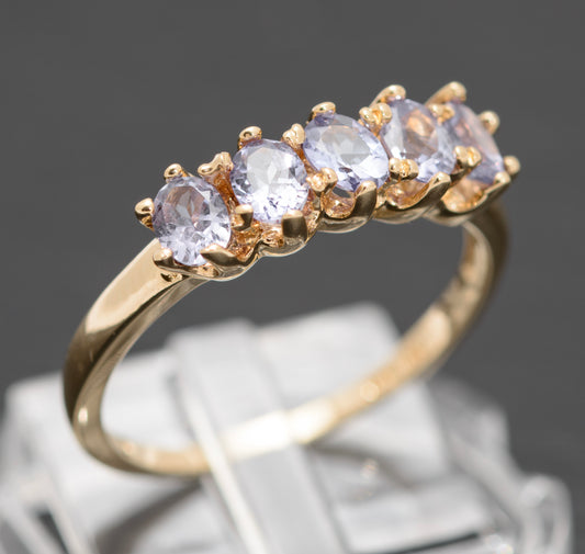 Ladies Yellow Gold Tanzanite Five Gemstone Line Ring In 9ct QVC Hallmark (A1576)