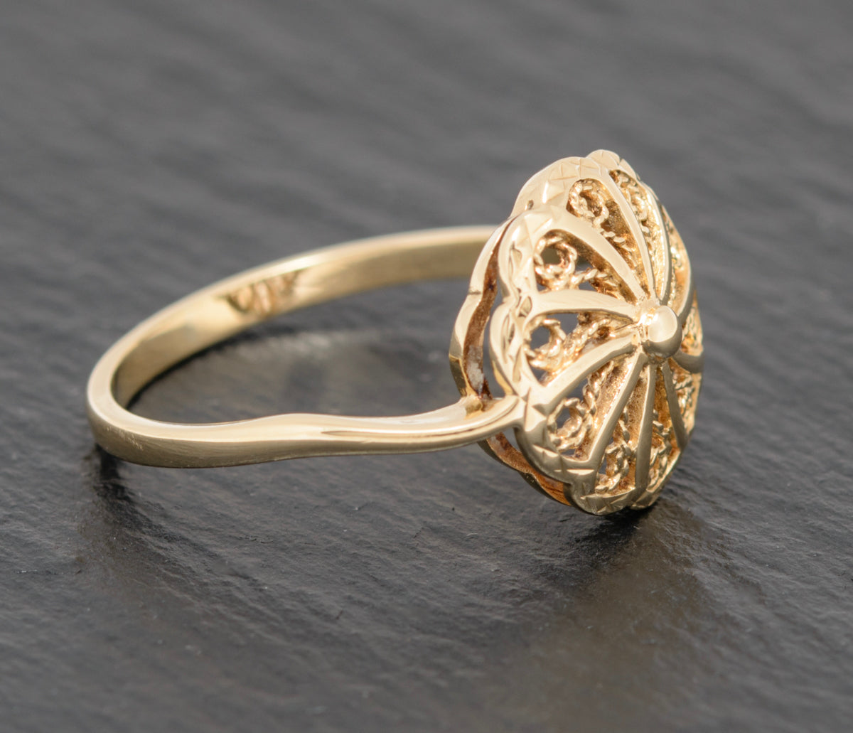 Vintage 9ct Gold Filigree Head Ring Stylish 1980's Design UK Size U (A1579)