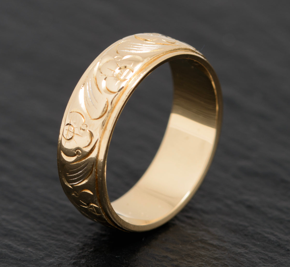 Vintage 14K 14ct Solid Gold Wedding Ring Band With Engraved Floral Design (A1583)