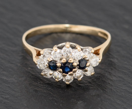 Vintage 9ct Gold Natural Sapphire & CZ Gem Triple Cluster Ring UK Size M With Presentation Box (A1586)