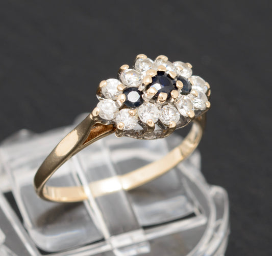 Vintage 9ct Gold Natural Sapphire & CZ Gem Triple Cluster Ring UK Size M With Presentation Box (A1586)