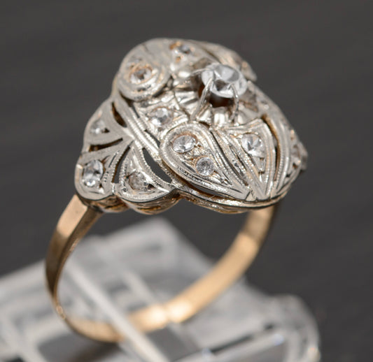 Art Deco 18ct Gold & Platinum French Cocktail Ring c.1920 Rock Crystal Gems (A1602)