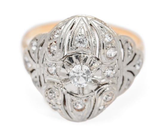 Art Deco 18ct Gold & Platinum French Cocktail Ring c.1920 Rock Crystal Gems (A1602)