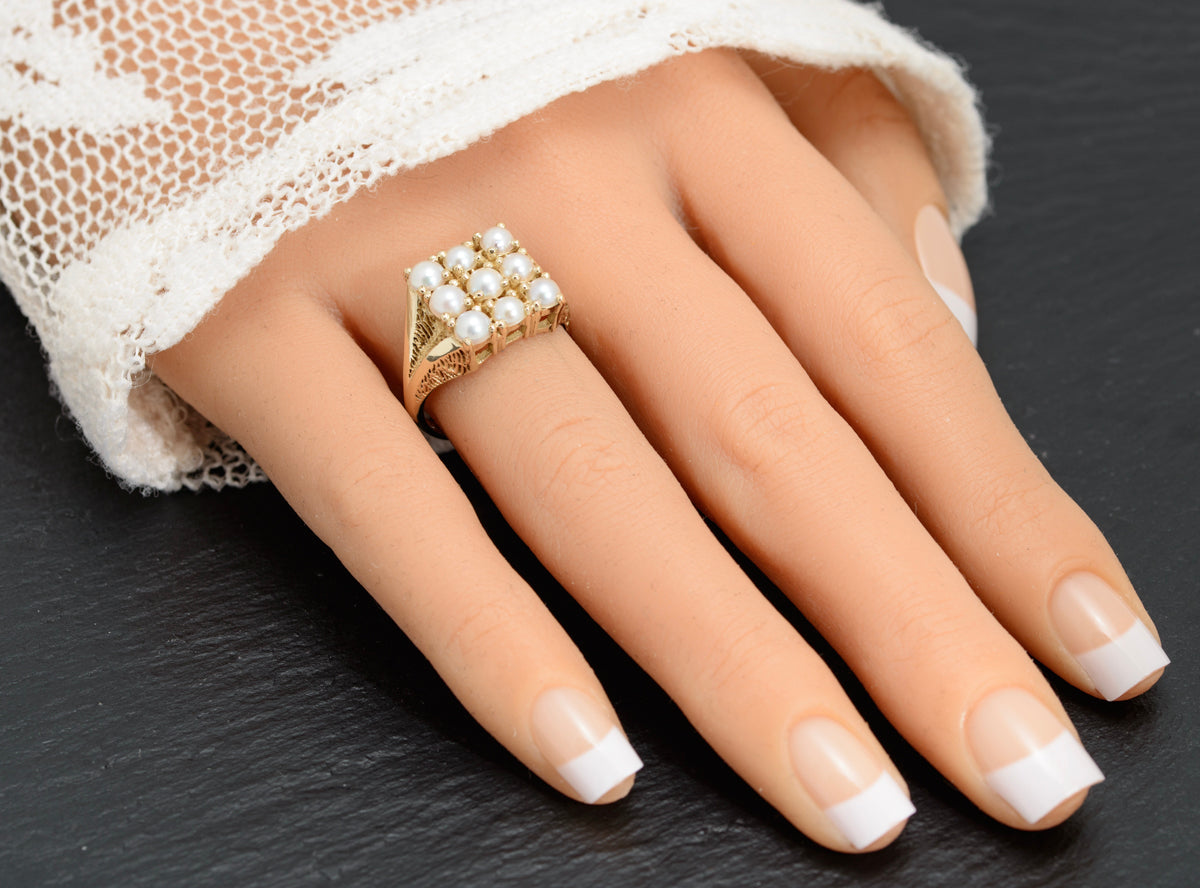Vintage 9ct Gold & Cultured Pearl Dress / Cocktail Ring London 1974 UK Size P (A1616)