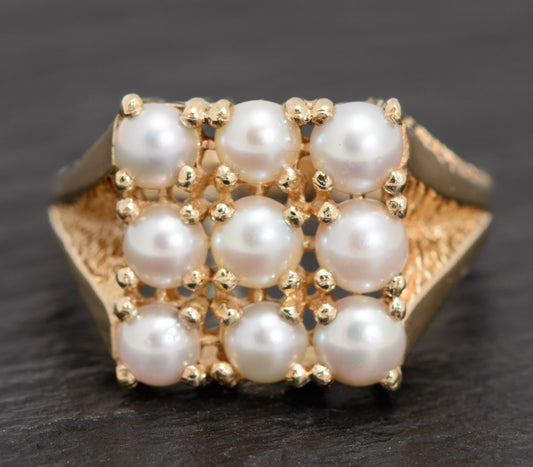 Vintage 9ct Gold & Cultured Pearl Dress / Cocktail Ring London 1974 UK Size P (A1616)