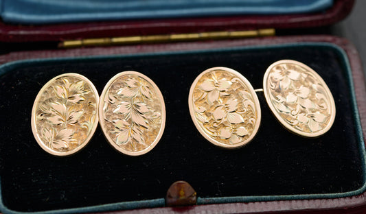Pair Antique Victorian 9ct Gold Cufflinks Foliate Design Chester Hallmark (A1618)
