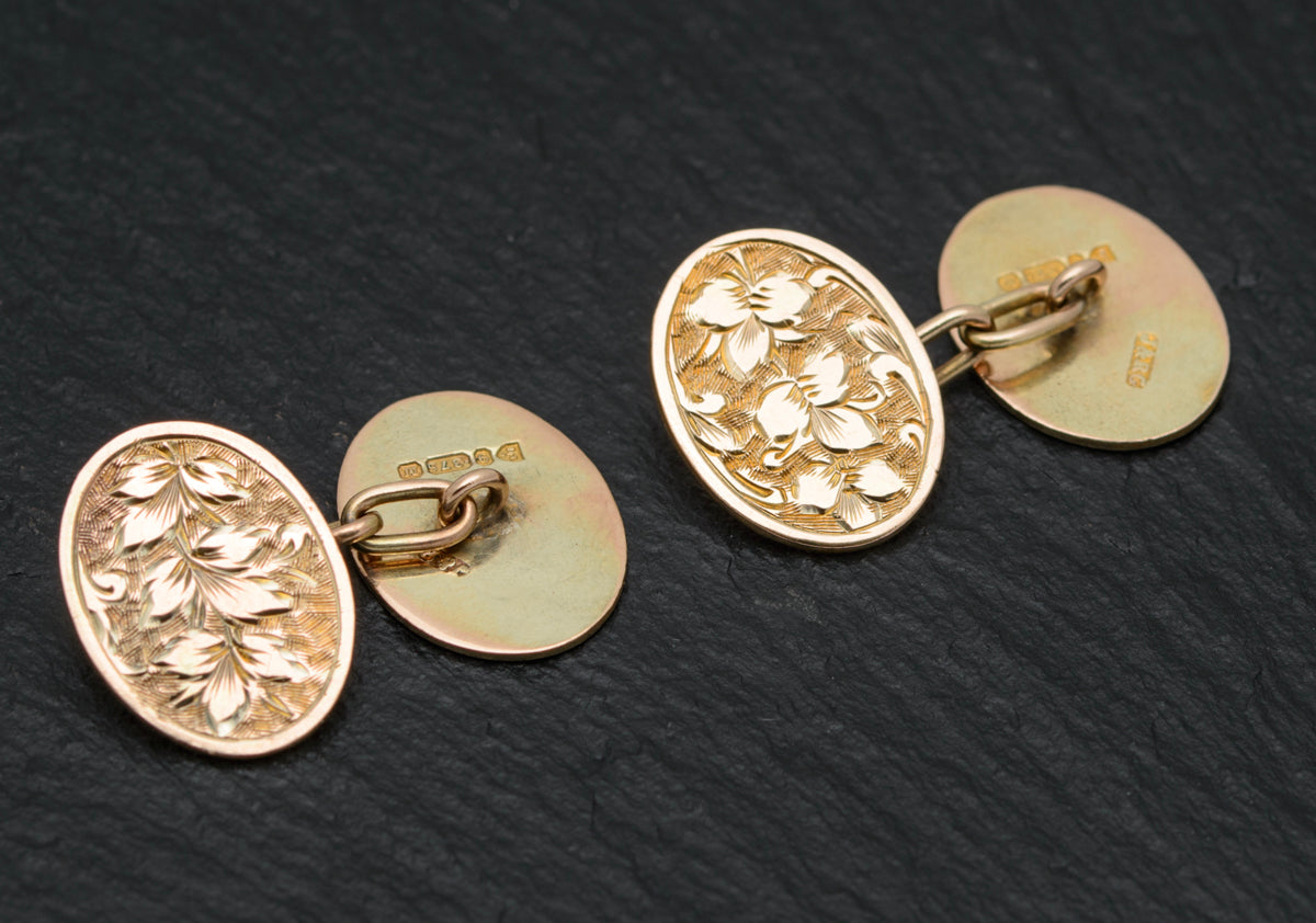 Pair Antique Victorian 9ct Gold Cufflinks Foliate Design Chester Hallmark (A1618)
