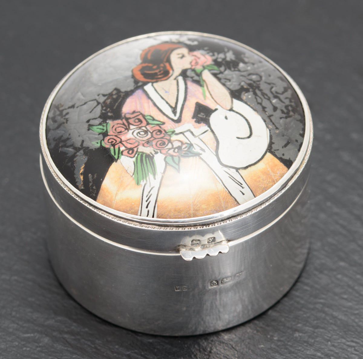 Art Deco Sterling Silver Box With Butterfly Wing Pictorial Lid Hallmark 1923 (A1622)