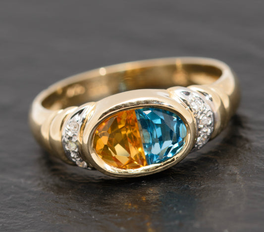 14k Gold Ladies Dress Ring With Blue Topaz & Citrine Gemstone Diamond Highlights (A1624)