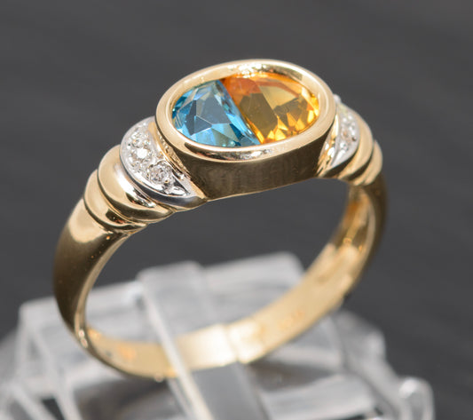 14k Gold Ladies Dress Ring With Blue Topaz & Citrine Gemstone Diamond Highlights (A1624)