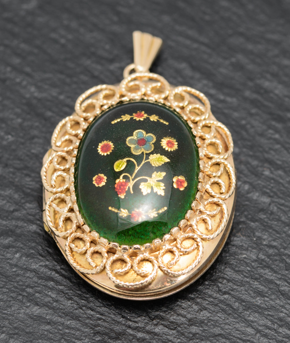 Vintage 9ct Gold & Enamel Photo Locket With Filigree Work London 1971 (A1627)