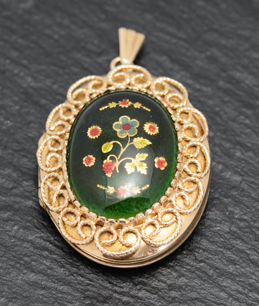 Vintage 9ct Gold & Enamel Photo Locket With Filigree Work London 1971 (A1627)