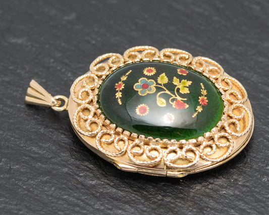 Vintage 9ct Gold & Enamel Photo Locket With Filigree Work London 1971 (A1627)