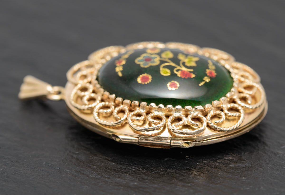 Vintage 9ct Gold & Enamel Photo Locket With Filigree Work London 1971 (A1627)