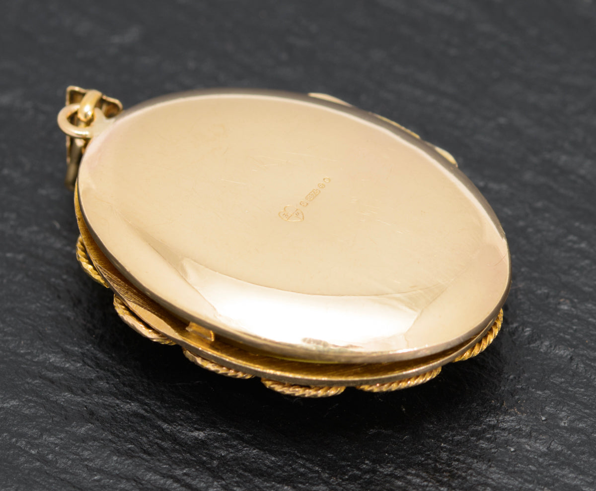 Vintage 9ct Gold & Enamel Photo Locket With Filigree Work London 1971 (A1627)