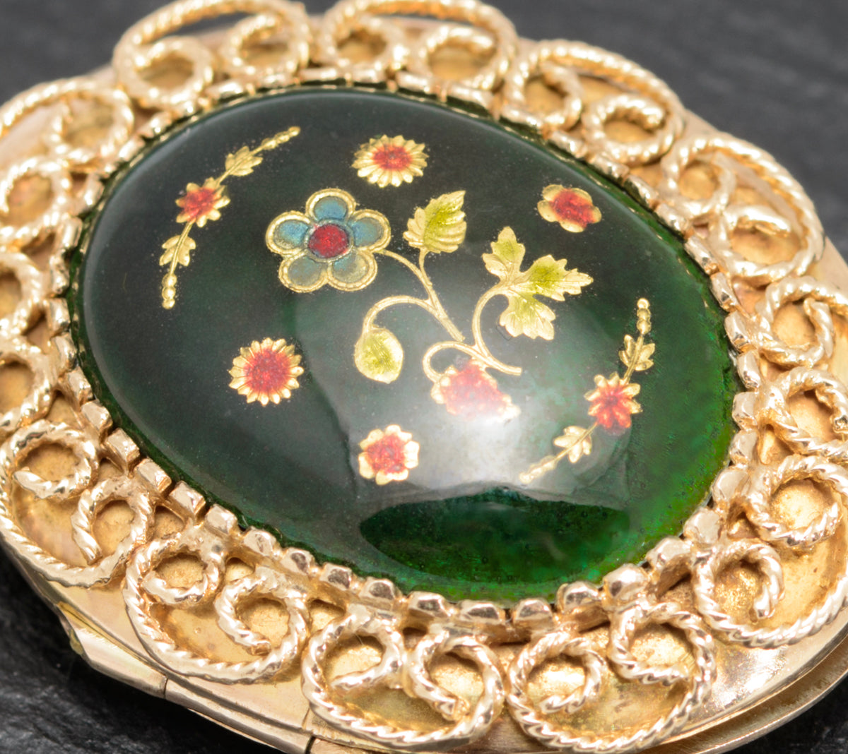 Vintage 9ct Gold & Enamel Photo Locket With Filigree Work London 1971 (A1627)