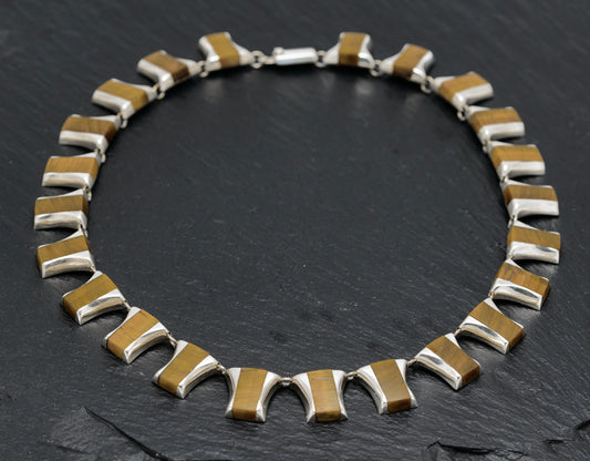 Vintage Mexican Sterling Silver & Tigers Eye Panels Necklace c.1980 (A1628)