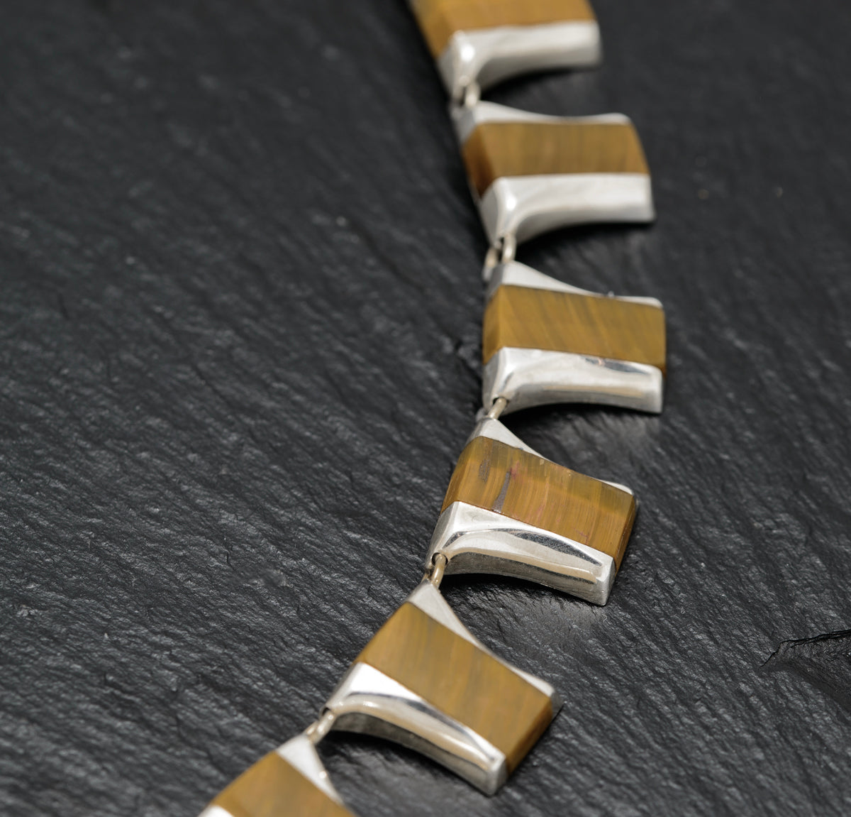 Vintage Mexican Sterling Silver & Tigers Eye Panels Necklace c.1980 (A1628)