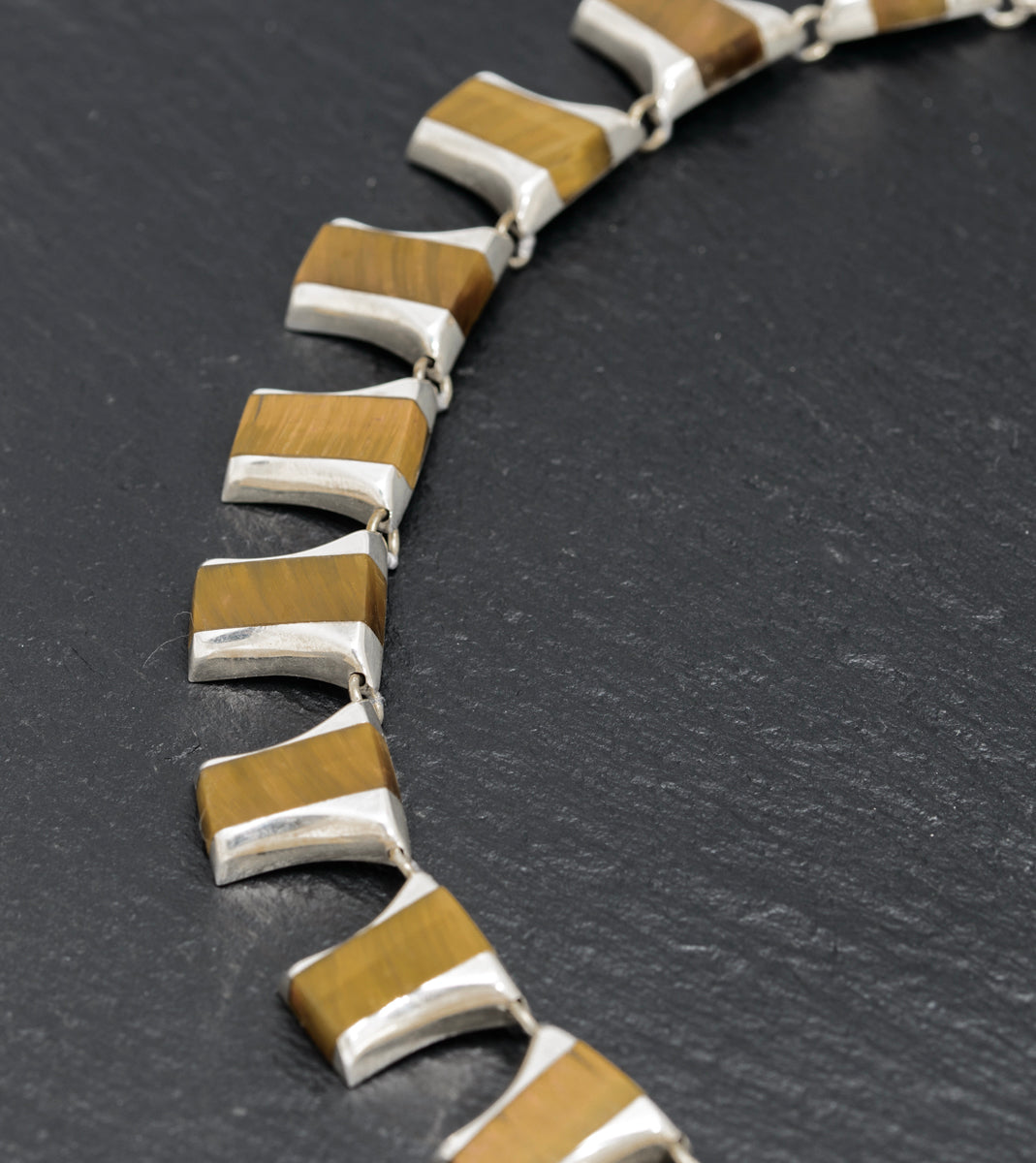 Vintage Mexican Sterling Silver & Tigers Eye Panels Necklace c.1980 (A1628)