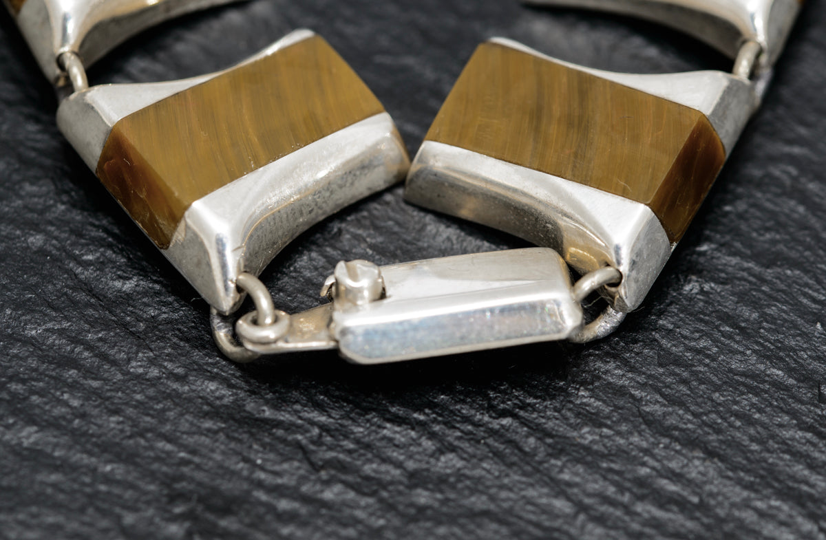 Vintage Mexican Sterling Silver & Tigers Eye Panels Necklace c.1980 (A1628)