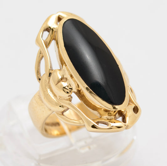 Whitby Jet 9ct Gold Chunky Stylish Gothic Ring by C W Sellors UK Size L - Boxed (A1649)