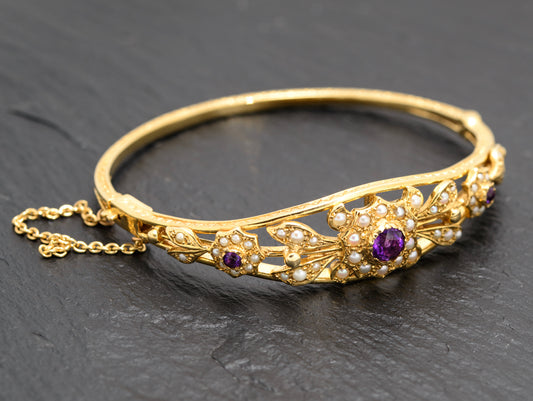 Vintage 9ct Gold Seed Pearl & Amethyst Belle Epoque Design Bangle/Bracelet In Presentation Box(A1651)