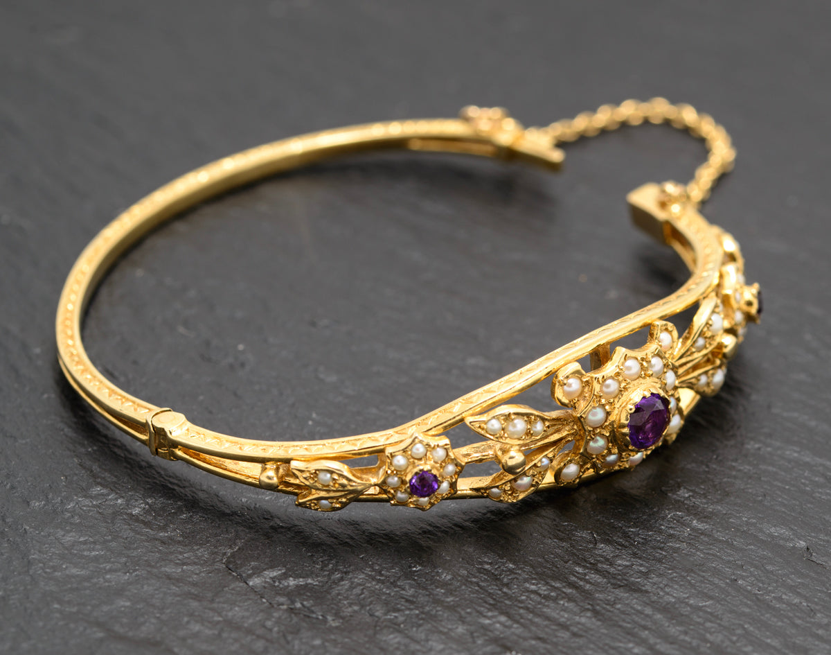 Vintage 9ct Gold Seed Pearl & Amethyst Belle Epoque Design Bangle/Bracelet In Presentation Box(A1651)